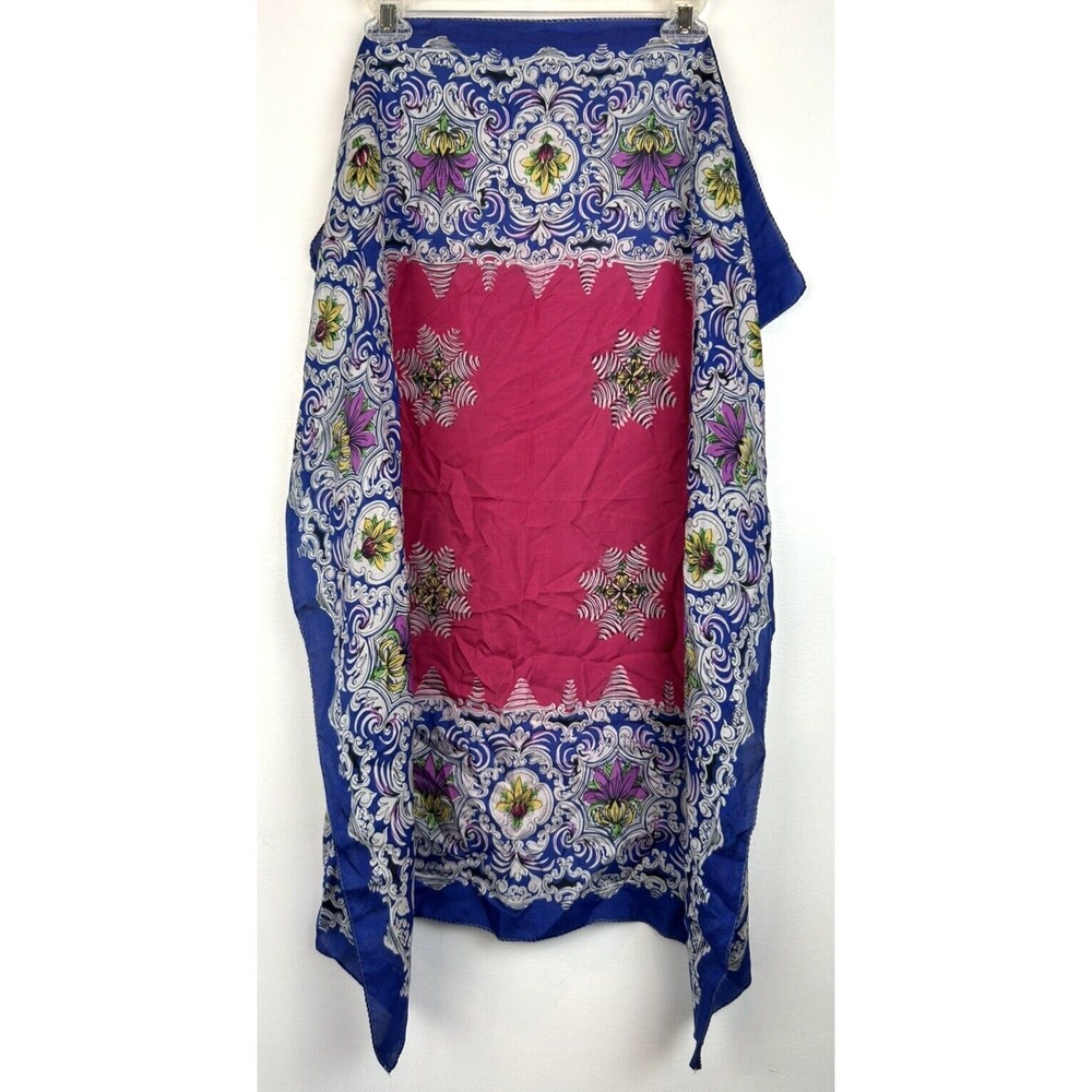 Vintage Silk Scarf Large Blue Floral Victorian Square Blue Pink Old Money 31x31